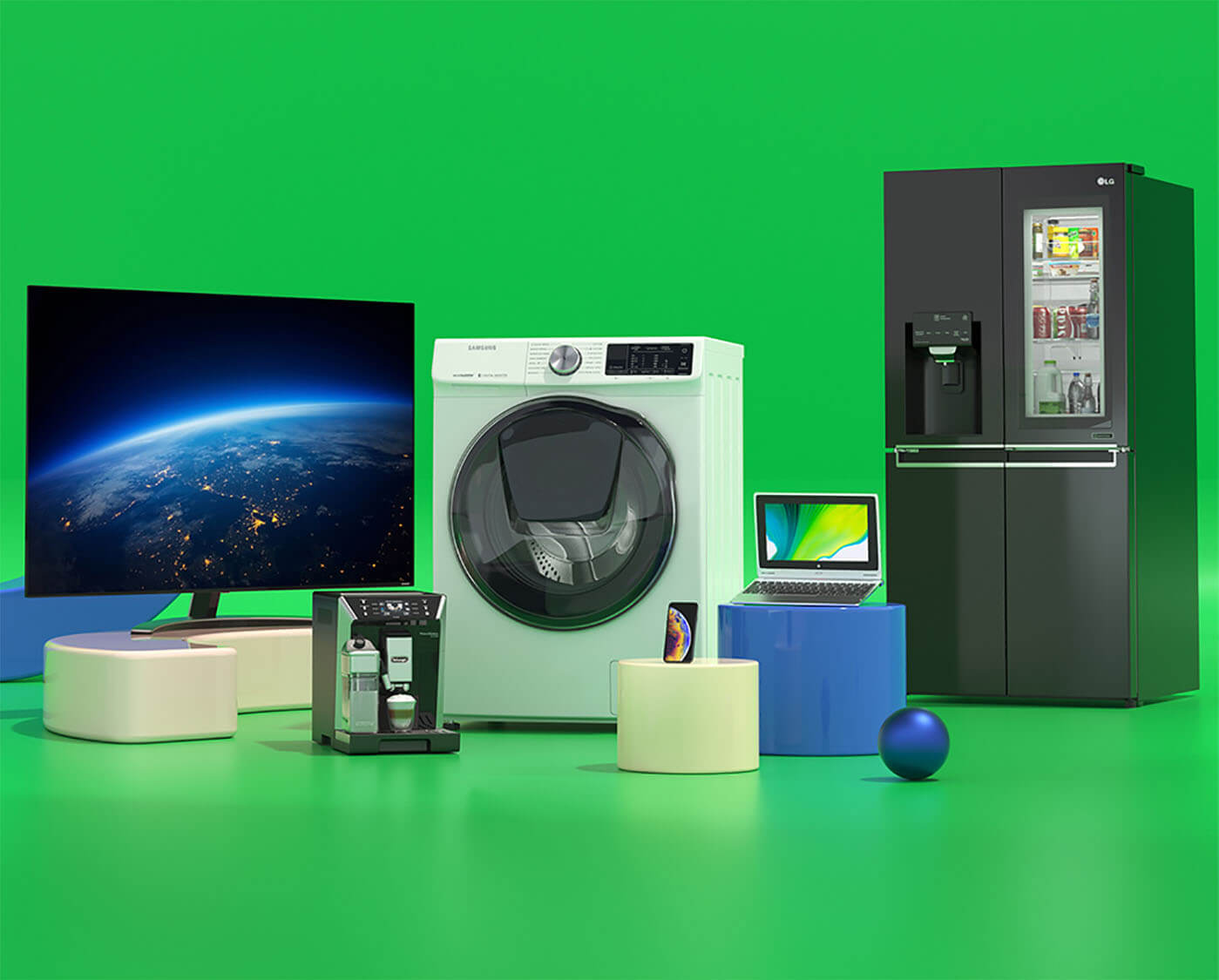 Electrical appliances: TV, Washing Machine, Fridge, Laptop